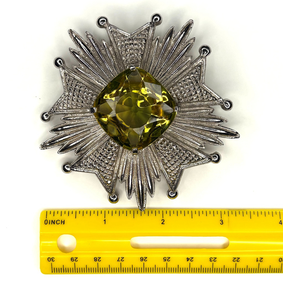 Starburst Silver Metal Brooch with Large Yellow/Green Faceted Glass Stone - Picture 3 of 4